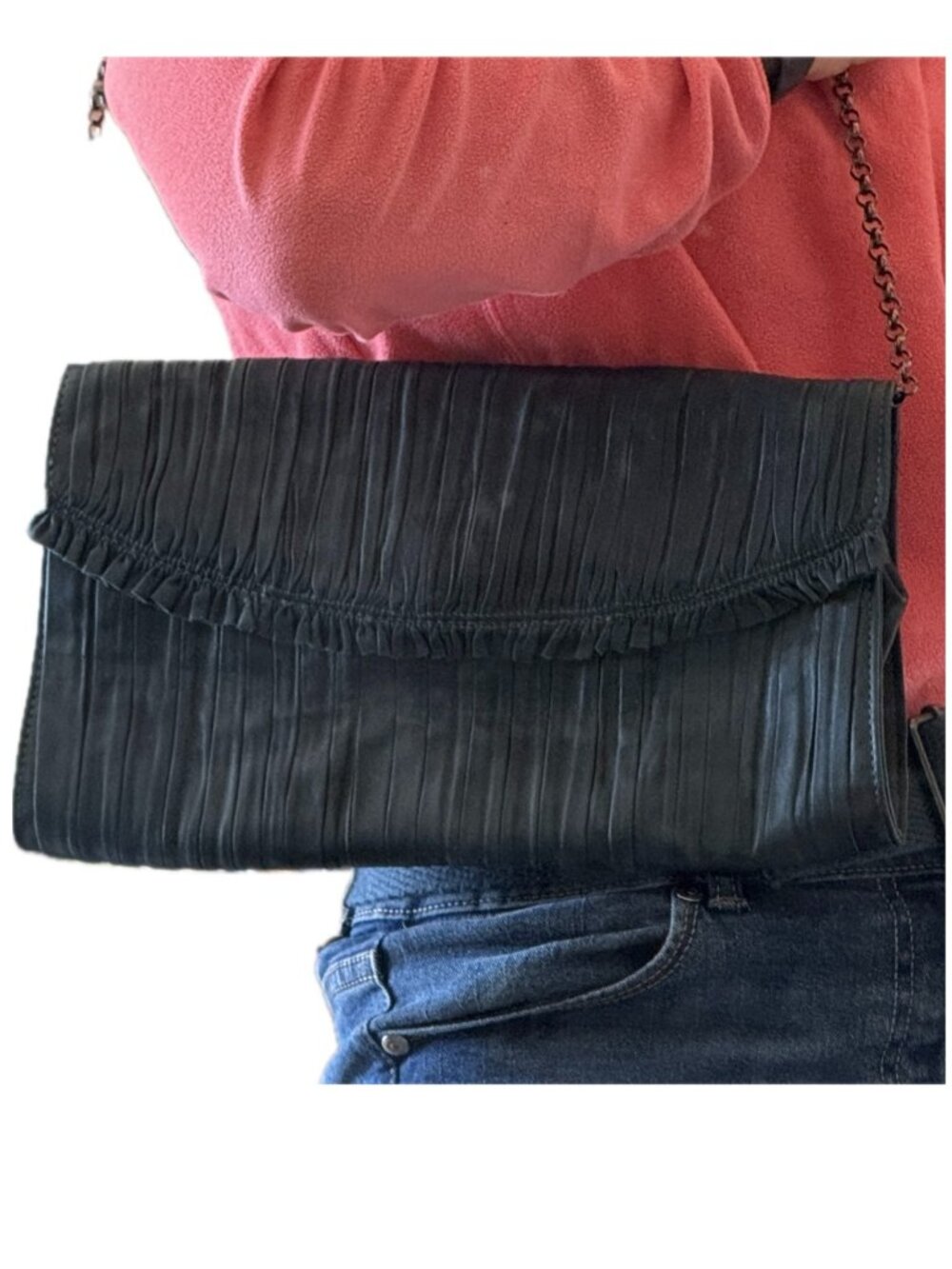 Elie Tahari Black Bag Envelope Pleated Ruffled Leather Chain Strap